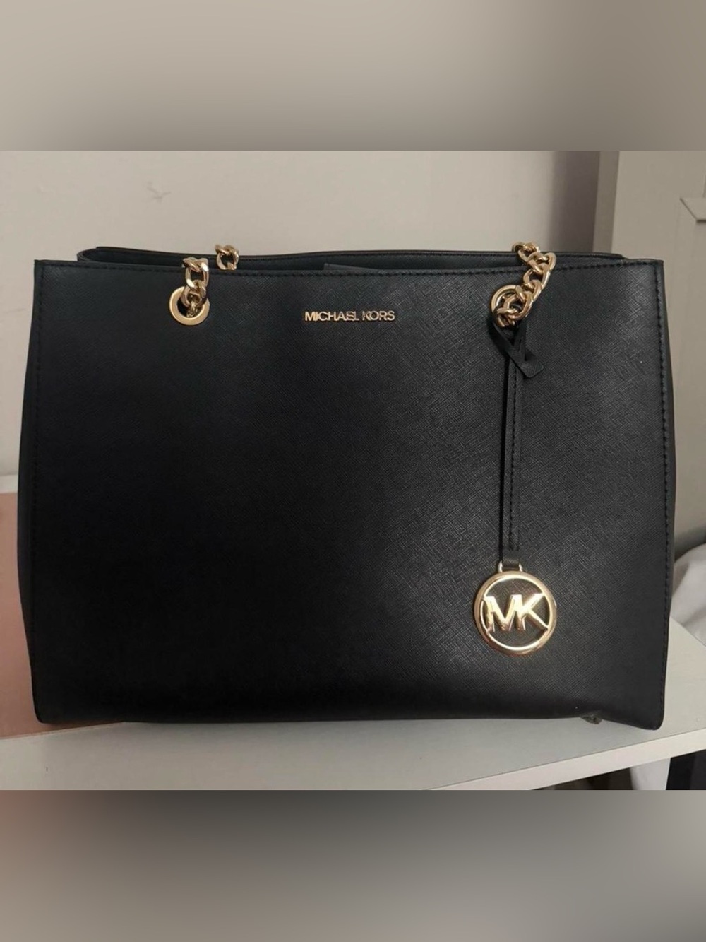 Michael Kors Susannah Large Leather Tote Black Gold Chain Shoulder Bag